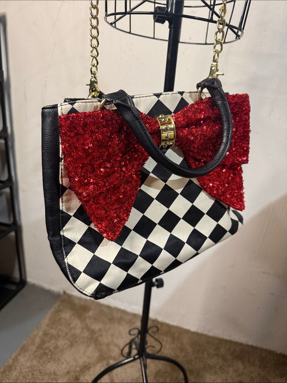 Betsey Johnson Black & White Checker Satchel with Red Sequin Bow